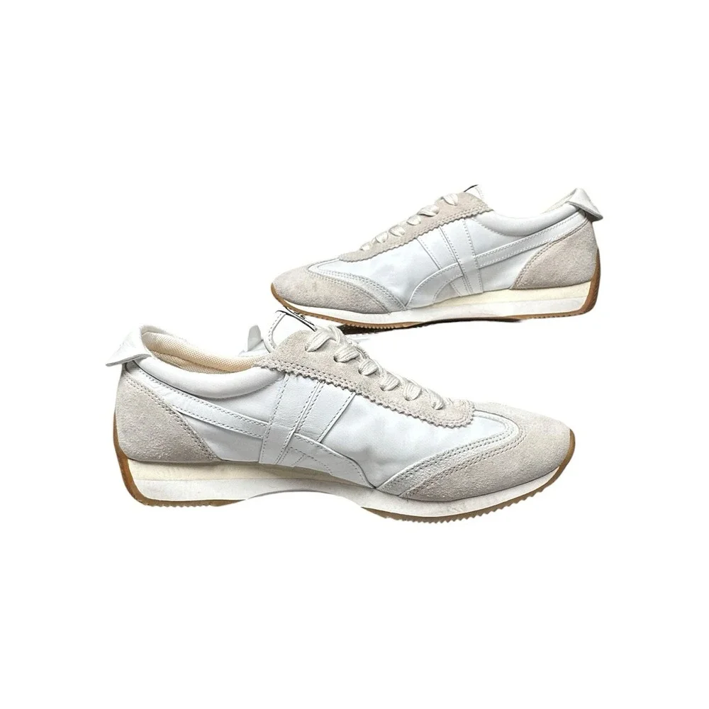 Tory Burch Hank Slim Sneaker Womens 8.5 Ivory White Suede Retro Trainer Gum Sole